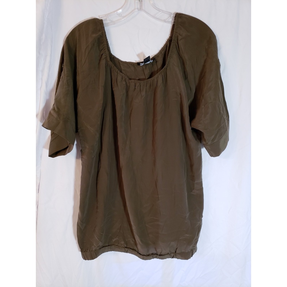 Women's International Concepts Olive Green Short Sleeve Silk Blouse Size 10
